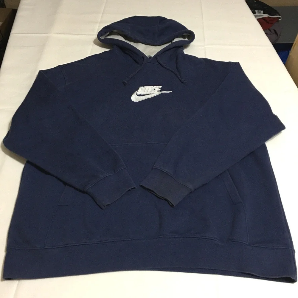 Nike Hoodie Sweatshirt Mens Medium Navy Blue Embroidered Center Swoosh Y2K